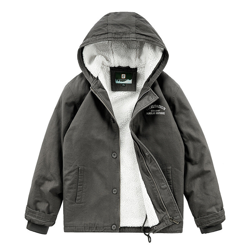 Men's Hooded Canvas Parka with Teddy Fleece Lining and Wind Protection Placket Fashion Glam