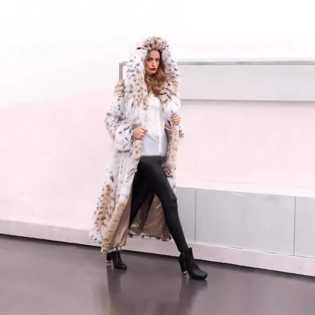 Women's Longer Faux Fur Coat with Hood and Lynx Look Fashion Glam