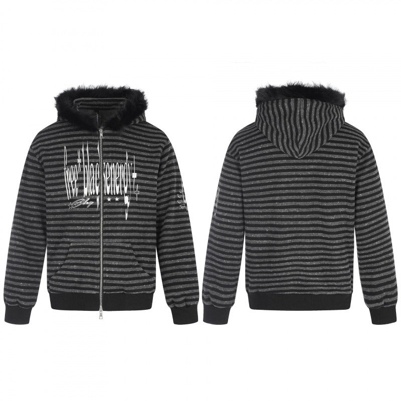 Unisex Striped Hooded Zip Jacket with Faux Fur Hood and Statement Front Print Fashion Glam