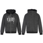 Unisex Striped Hooded Zip Jacket with Faux Fur Hood and Statement Front Print Fashion Glam