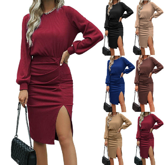 Women's midi dress with fitted wrap effect, long sleeves and high slit Fashion Glam