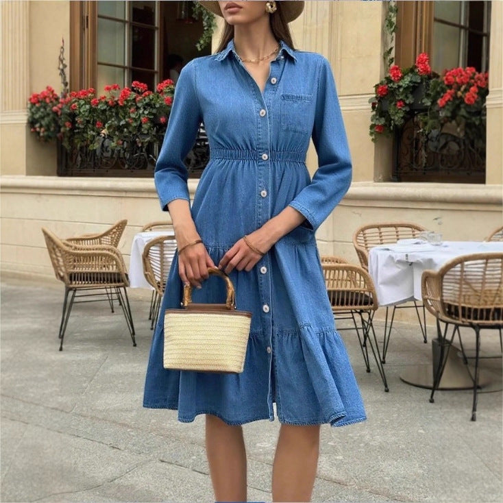 Women's button-down shirt dress made of denim with a waist-defining elastic band, button placket & tiered skirt Fashion Glam