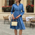 Women's button-down shirt dress made of denim with a waist-defining elastic band, button placket & tiered skirt Fashion Glam