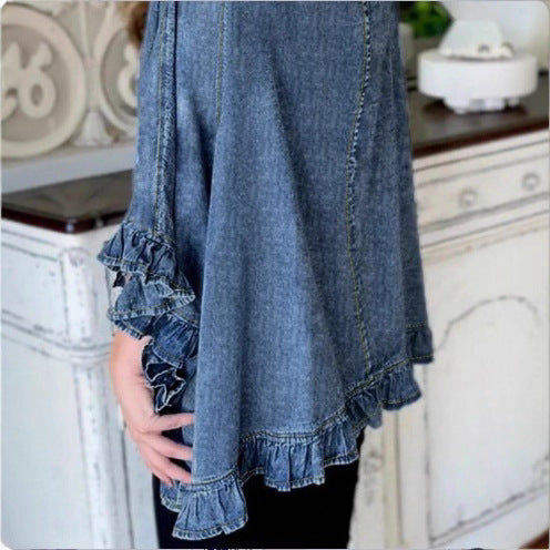 Women Oversized Jeans Kimono with Ruffle Edge and Open Fall Fashion Glam
