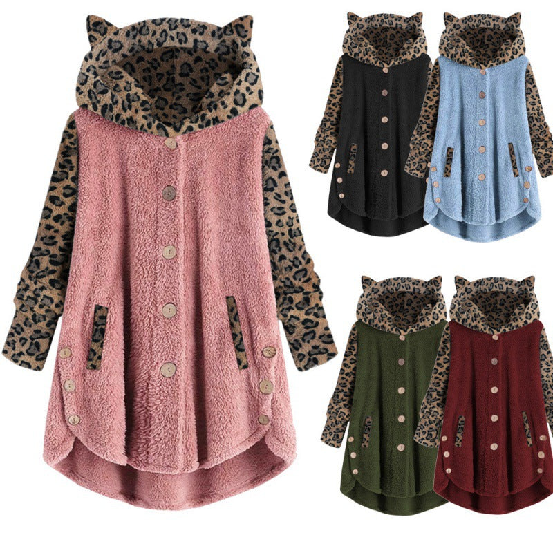 Women's teddy coat with hood, button placket, and contrasting leopard sleeves Fashion Glam