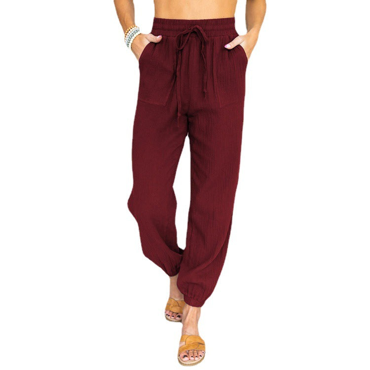 Women's Lightweight Linen Jogger Pants with Drawstring, Patch Pockets, and Elastic Cuffs Fashion Glam