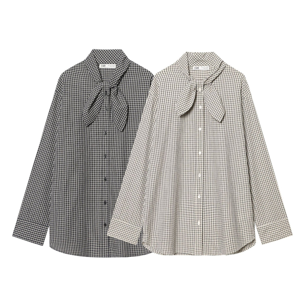 Ladies Checked Blouse Shirt with Bow Collar and Casual Fit Fashion Glam