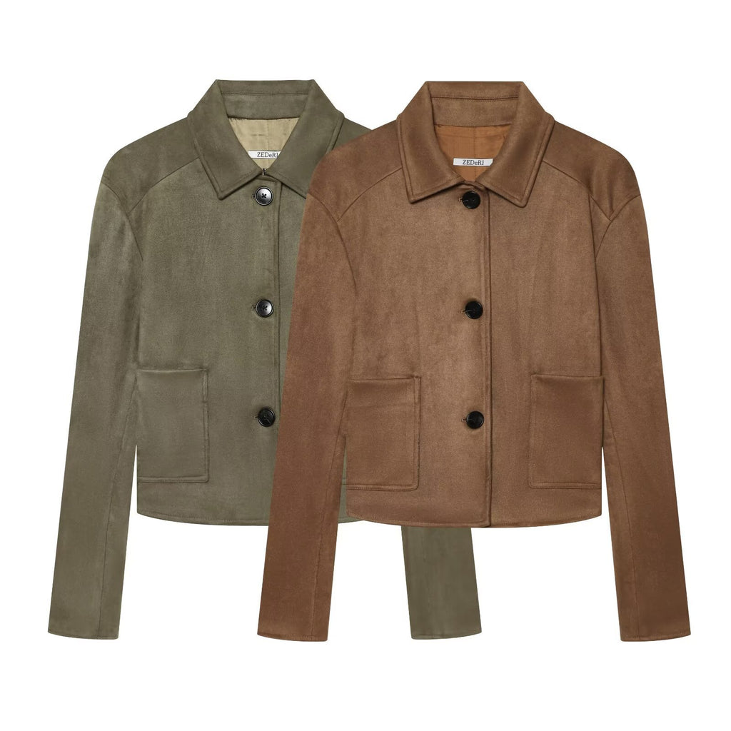 Women's short jacket in suede leather look with shirt collar and patch pockets Fashion Glam