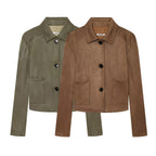 Women's short jacket in suede leather look with shirt collar and patch pockets Fashion Glam