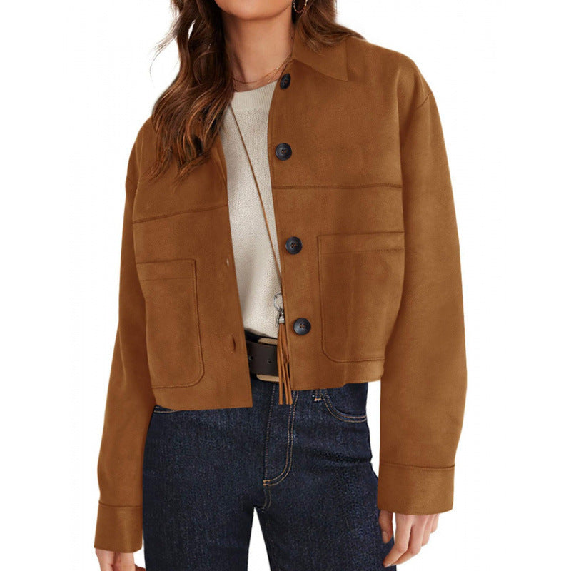 Women's short suede-look jacket with patch pockets and shirt collar Fashion Glam