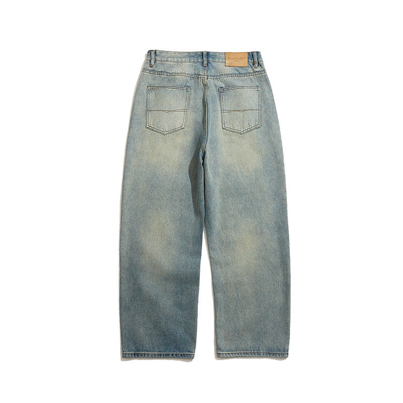 Men's Wide-Leg Denim Pants with High Waist, Vintage Wash and Five-Pocket Details Fashion Glam