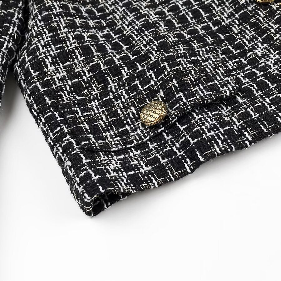 Women's Short Bouclé Tweed Jacket with Round Neckline and Decorative Buttons Fashion Glam