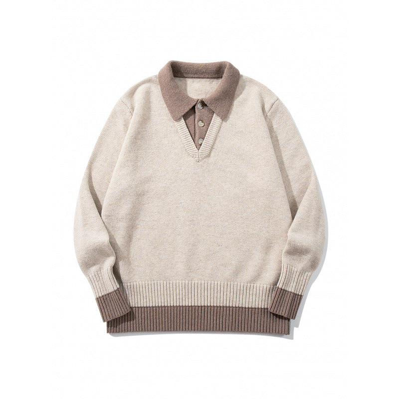 Men's Oversized Fine Knit Polo with Contrast Trim Shirt Collar and Ribbed Cuffs Fashion Glam