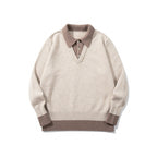 Men's Oversized Fine Knit Polo with Contrast Trim Shirt Collar and Ribbed Cuffs Fashion Glam