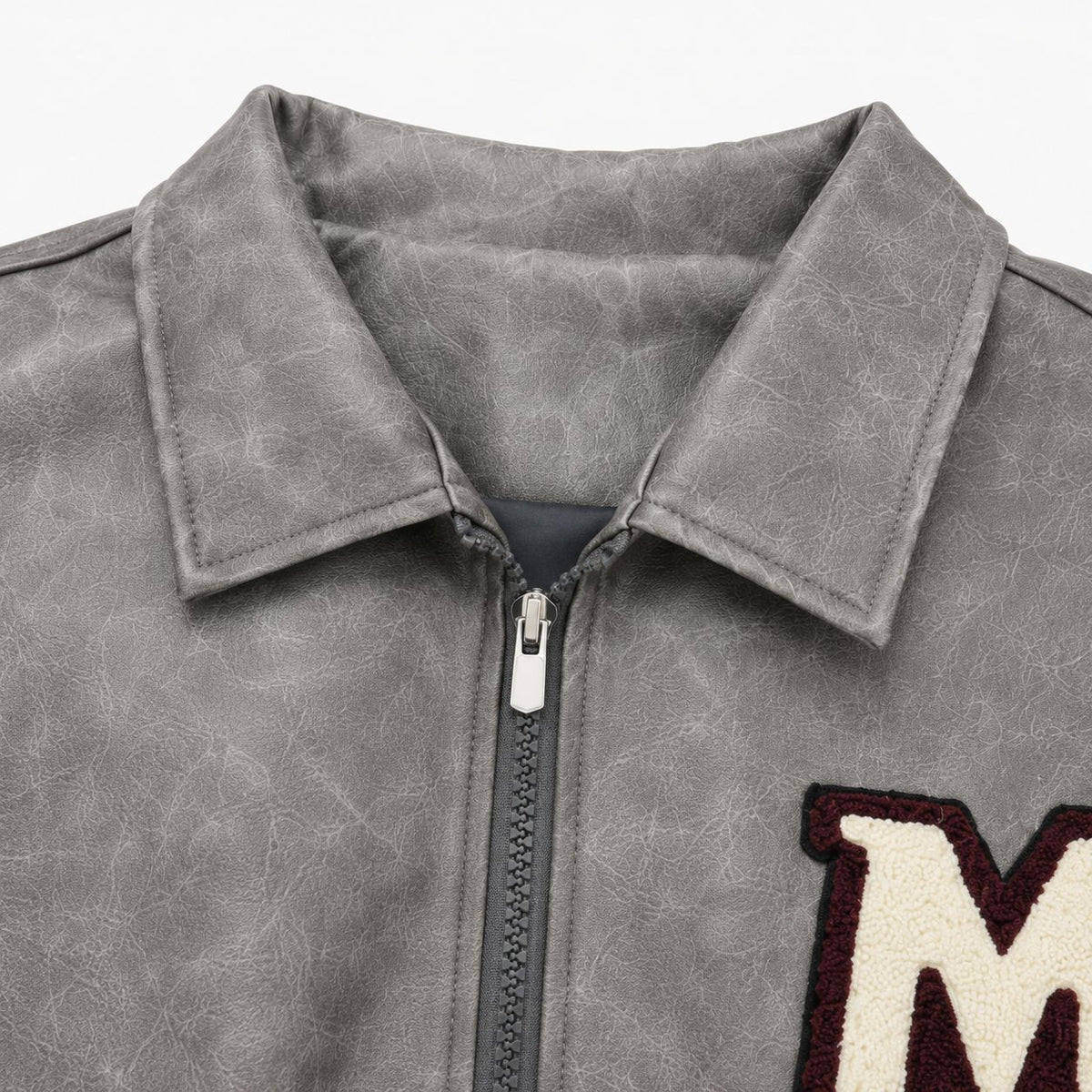 Men's Varsity Bomber Jacket in Vintage Leather Look with Chenille Emblem Fashion Glam