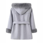 Women's Hooded Wool Blend Coat with Tie Belt and Faux Fur Trim Fashion Glam