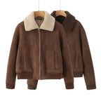 Women's Short Cut Teddy-Lined Suede Look Flight Jacket with Zipper Fashion Glam
