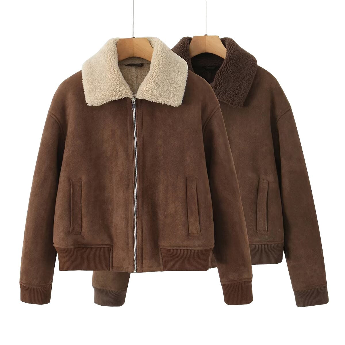 Women's Short Cut Teddy-Lined Suede Look Flight Jacket with Zipper Fashion Glam