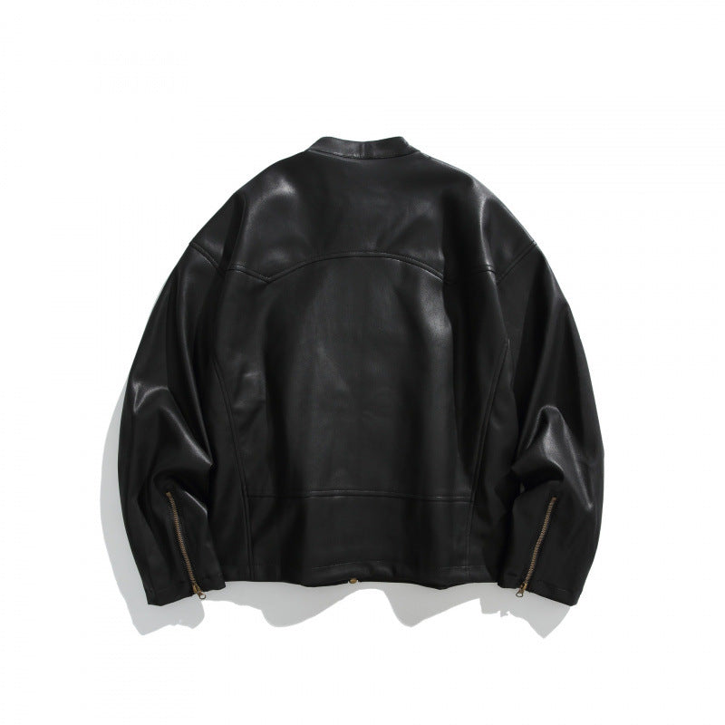 Men's short jacket made of vegan leather with a stand-up collar, three zip pockets, and two-way zipper Fashion Glam