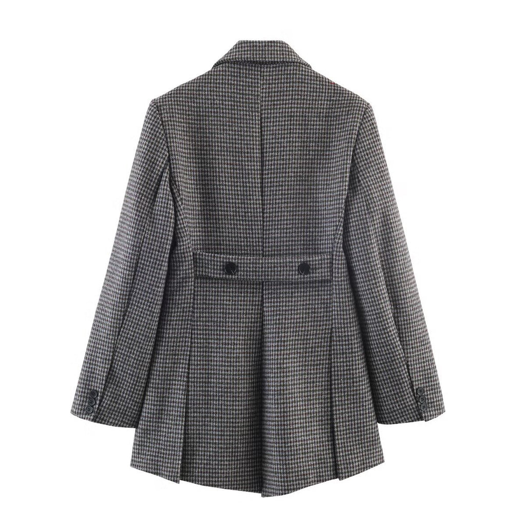 Women Double-breasted Houndstooth Blazer with Cutaway Hem and Vent Fashion Glam