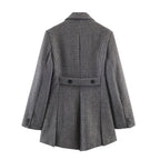 Women Double-breasted Houndstooth Blazer with Cutaway Hem and Vent Fashion Glam