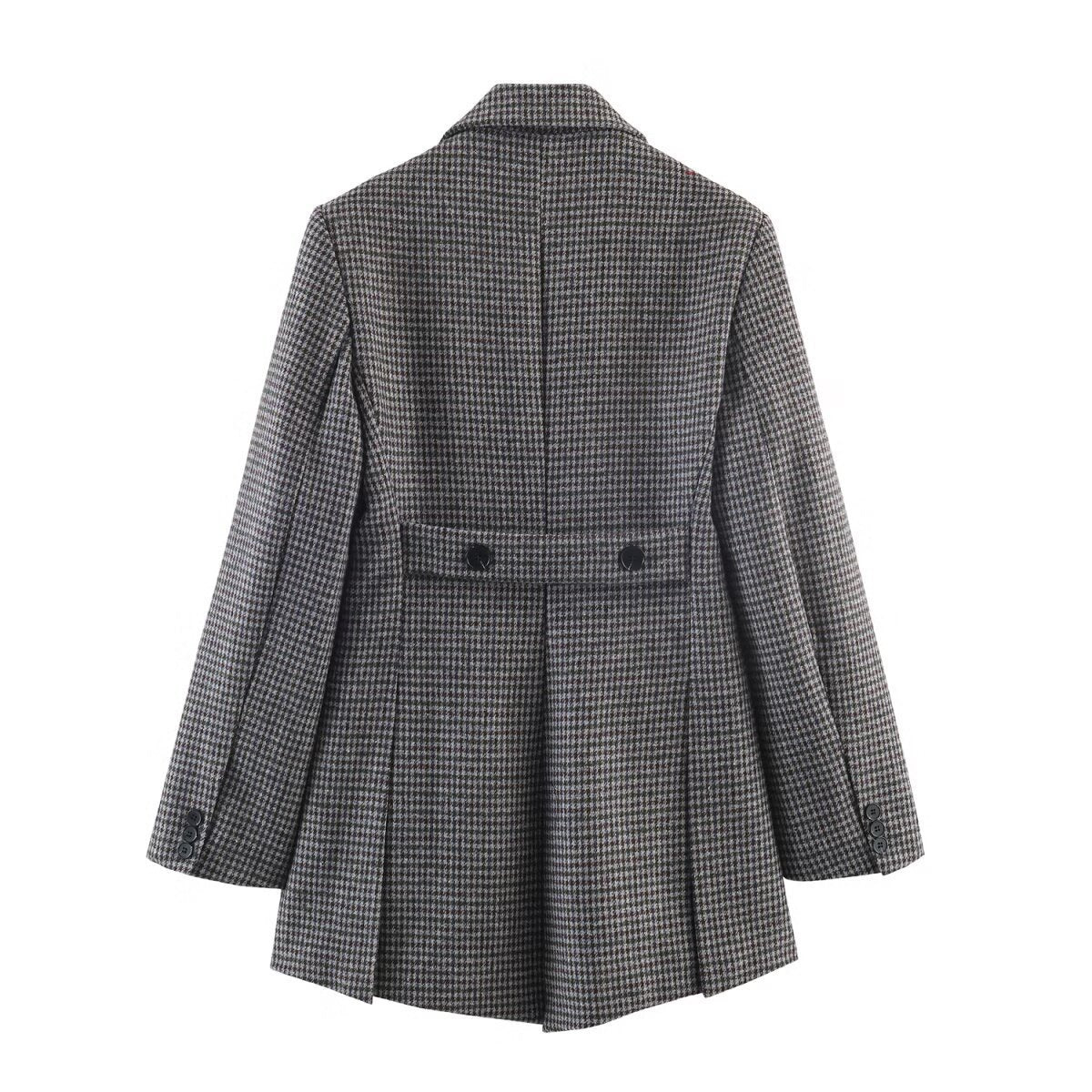 Women Double-breasted Houndstooth Blazer with Cutaway Hem and Vent Fashion Glam