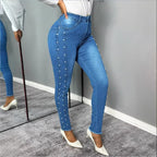 Women's shaping high-waisted skinny jeans with side pearl embellishment Fashion Glam