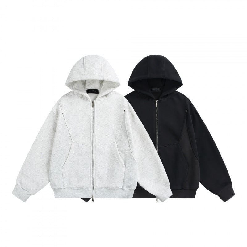 Unisex Boxy Hoodie Jacket with Two-Way Zipper and Geometric Seam Details Fashion Glam