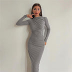 Ladies fitted maxi dress with high collar and side gathering Fashion Glam