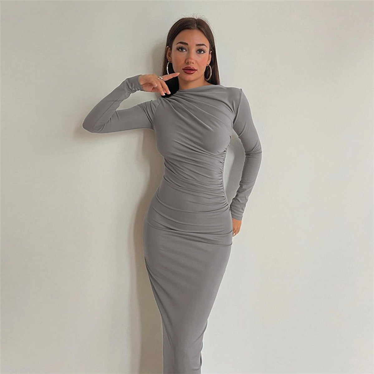 Ladies fitted maxi dress with high collar and side gathering Fashion Glam