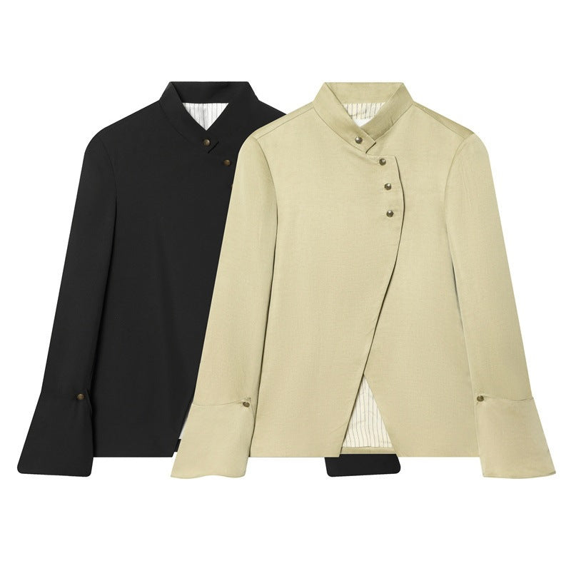 Women's Asymmetric Blouse Jacket with Stand-Up Collar and Flared Cuffs Fashion Glam