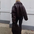 Women Oversized Faux Leather Blouson with Voluminous Stand Collar and Elastic Hem Fashion Glam
