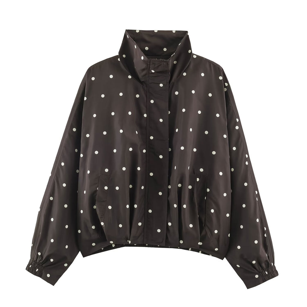 Women's Oversize Windbreaker with Dot Print, High Standing Collar and Elastic Hem Fashion Glam