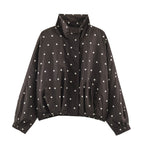 Women's Oversize Windbreaker with Dot Print, High Standing Collar and Elastic Hem Fashion Glam