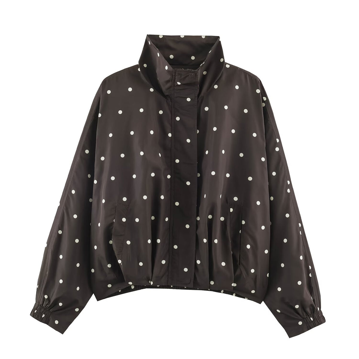 Women's Oversize Windbreaker with Dot Print, High Standing Collar and Elastic Hem Fashion Glam
