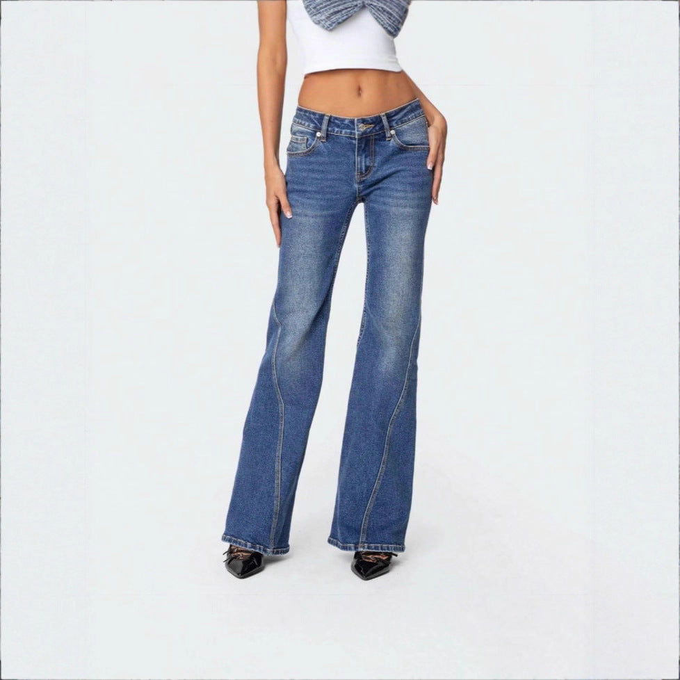 Ladies High-Waisted Vintage Flared Jeans with Slim Hip Section and Vertical Seam Fashion Glam