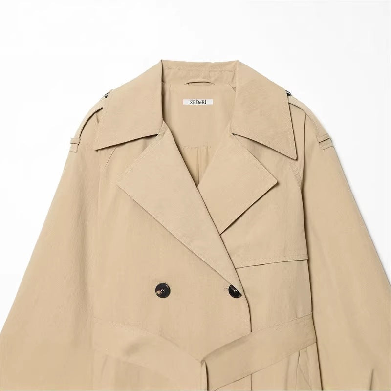 Women's Cropped double-breasted trench blazer with tie belt and epaulettes Fashion Glam