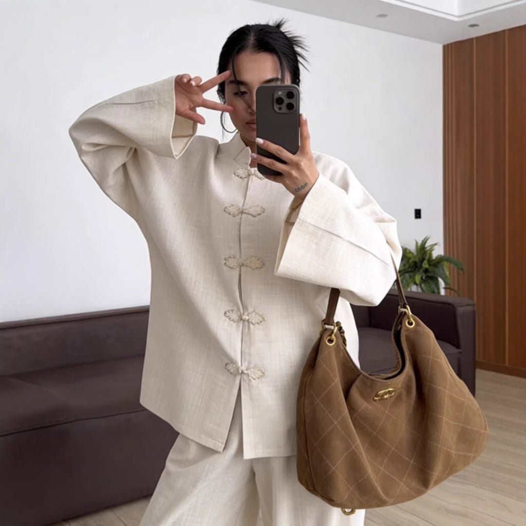Women's Oversized Chinese Collar Blouse with Traditional Knot Closures and Wide Sleeves Fashion Glam