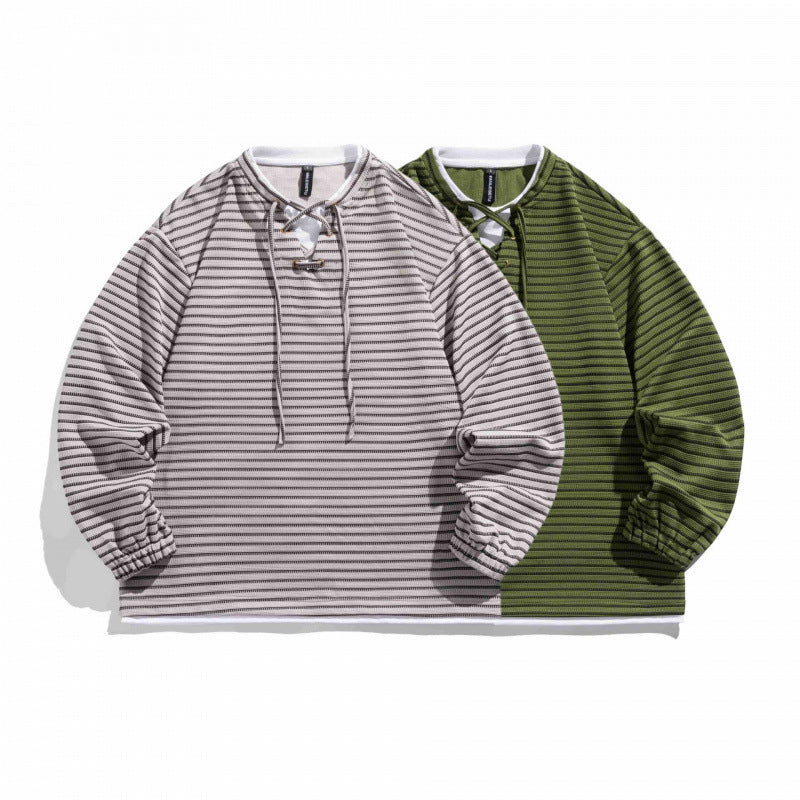 Unisex Striped Oversized Sweater with Lace Collar and Textured Knit Fashion Glam