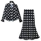 Ladies Two-Piece Satin Ensemble with Bow Blouse and Fitted Trumpet Maxi Skirt Fashion Glam