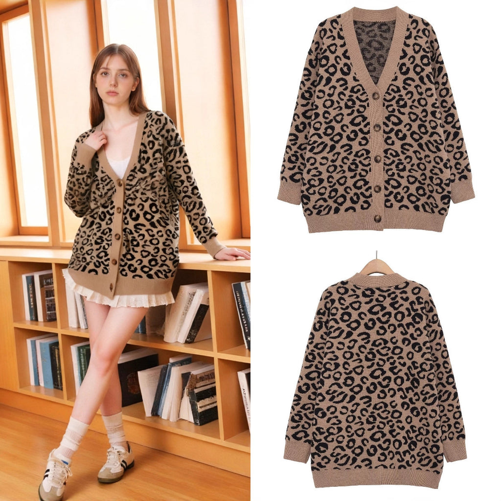 Women's Oversized Knit Cardigan with Leopard Print, V-Neck and Button Placket Fashion Glam