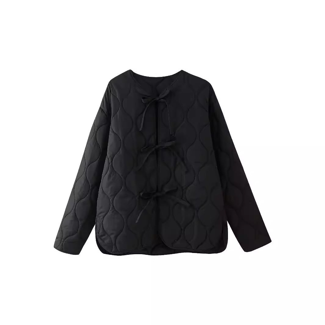 Women geometric quilted oversized liner jacket without collar Fashion Glam