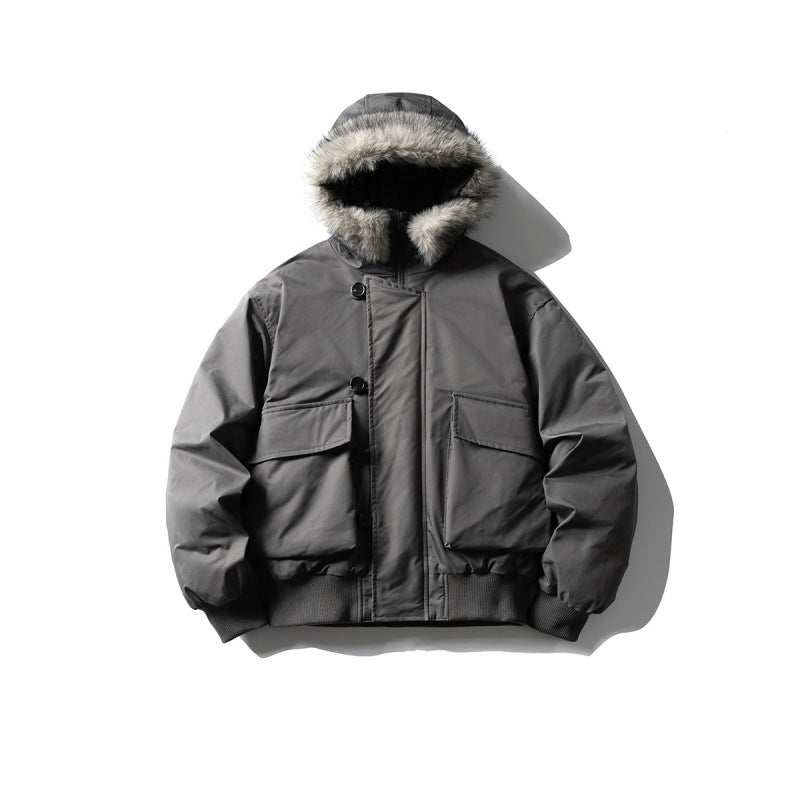 Men's Insulated Winter Bomber Jacket with Hood and Faux Fur Trim Fashion Glam