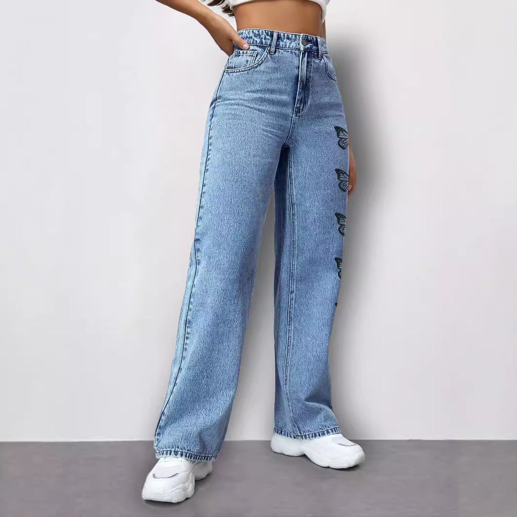 Ladies High-Waist Loose-Fit Denim Pants with Side Butterfly Print Fashion Glam