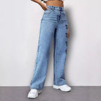 Ladies High-Waist Loose-Fit Denim Pants with Side Butterfly Print Fashion Glam