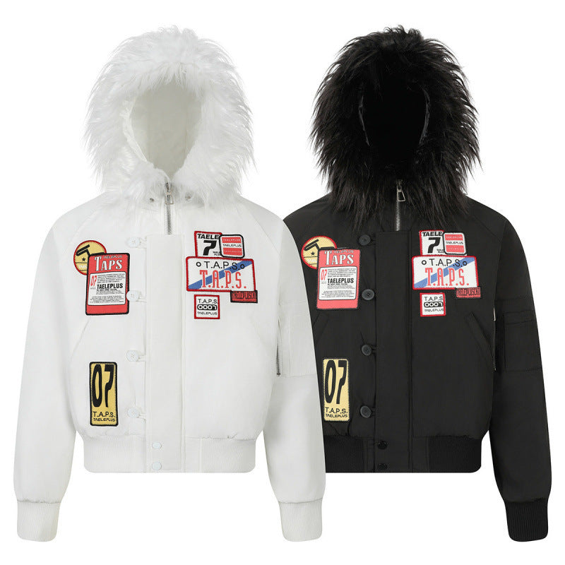 Women short-cut padded bomber jacket with faux fur hood and applied label patches Fashion Glam