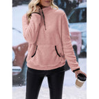 Women's fluffy fleece cuddle pullover with half zipper, kangaroo pocket and stand-up collar Fashion Glam