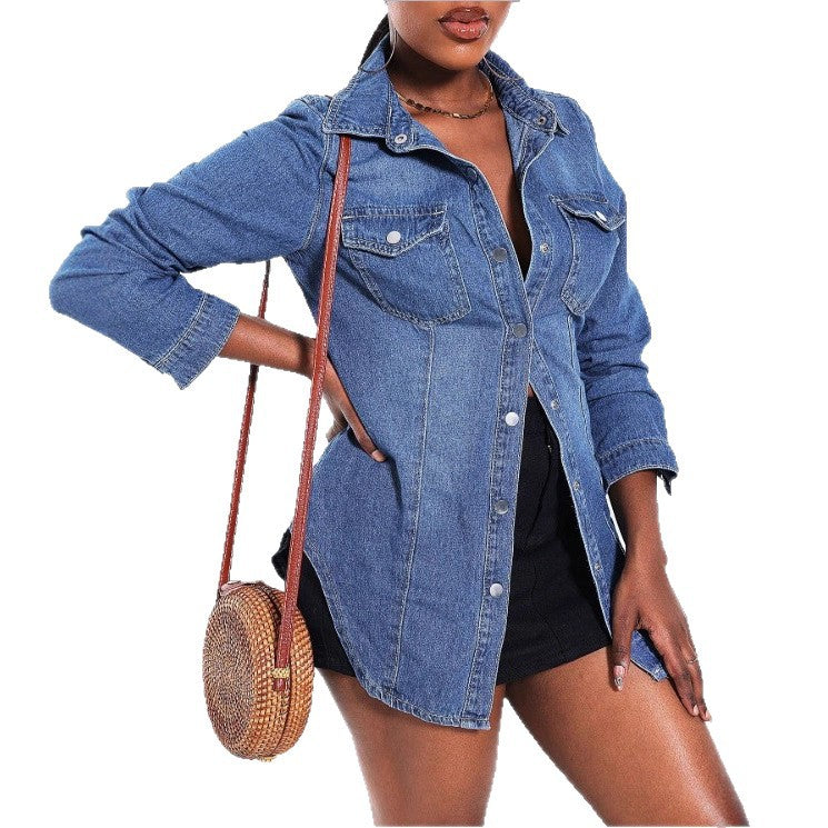 Women's tailored denim shirt with patch pockets and snap front Fashion Glam