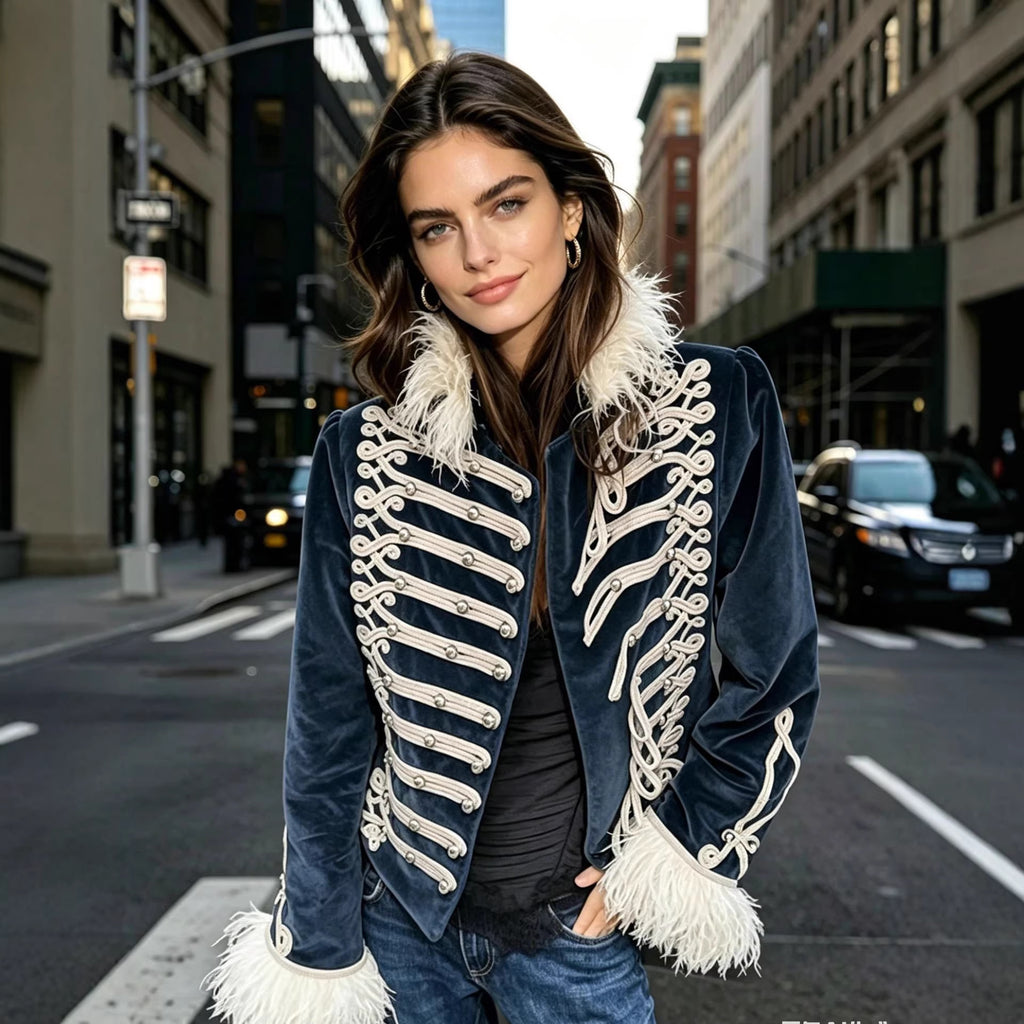 Women's tailored velvet military jacket with decorative cord appliqués and feather trim Fashion Glam