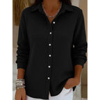 Women's Structured Shirt Blouse in Waffle Knit with Classic Collar and Continuous Button Placket Fashion Glam